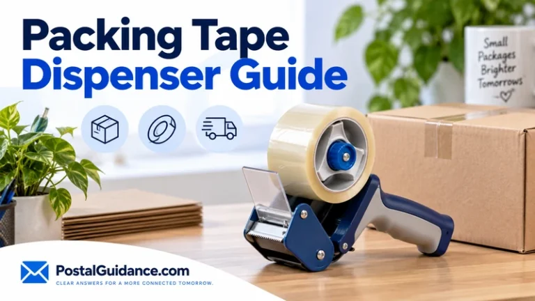 Blue handheld packing tape dispenser beside a closed cardboard box. Headline: Packing Tape Dispenser Guide