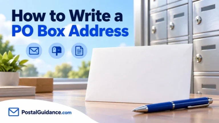 Blank envelope and blue pen in front of PO boxes for an article about writing a PO box address.