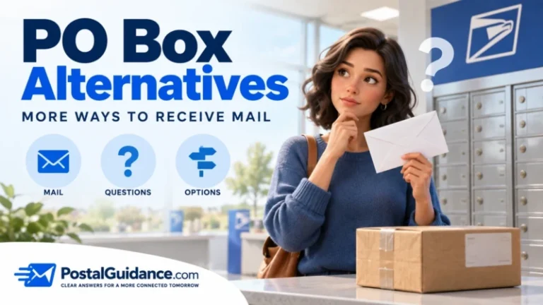 PO Box alternatives illustration with a person holding an envelope and a question mark.