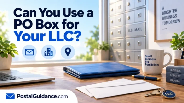 Office desk with envelopes, keys and PO boxes under a question about using a PO box for an LLC.