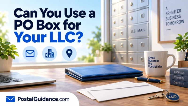 Office desk with envelopes, keys and PO boxes under a question about using a PO box for an LLC.