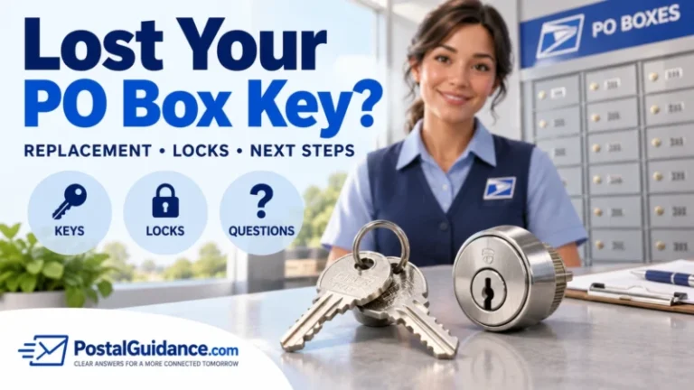 Lost PO Box key illustration with mailbox keys, a lock, and a postal clerk.