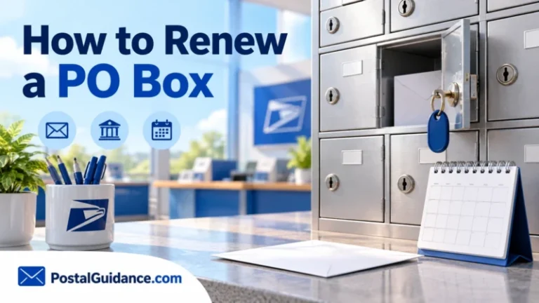 PO box with key, envelope and blank calendar illustrating PO box renewal.