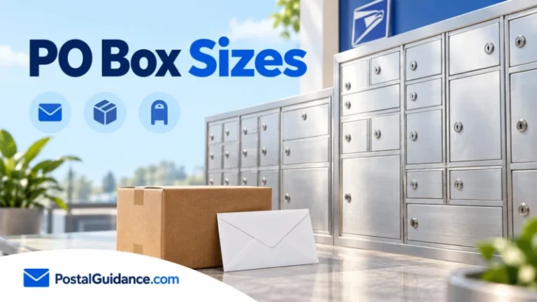 Silver PO box doors of varied sizes with an envelope and parcel.