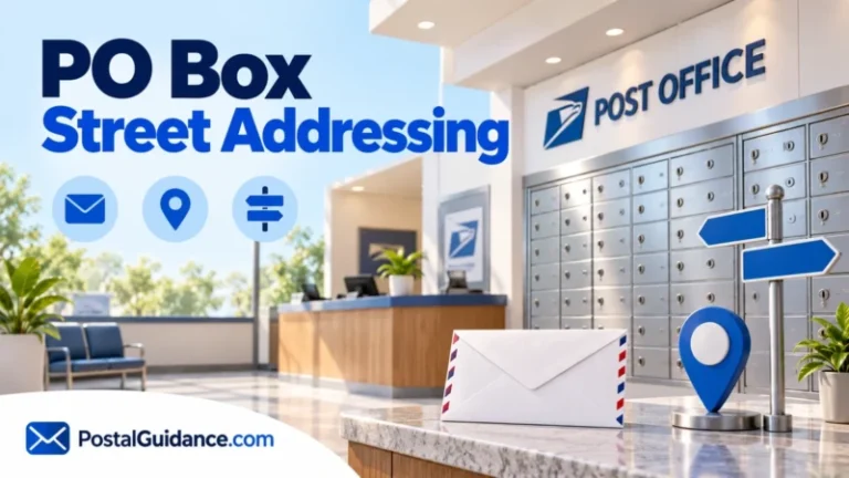 PO boxes, an envelope and blank street signs illustrating PO Box Street Addressing.