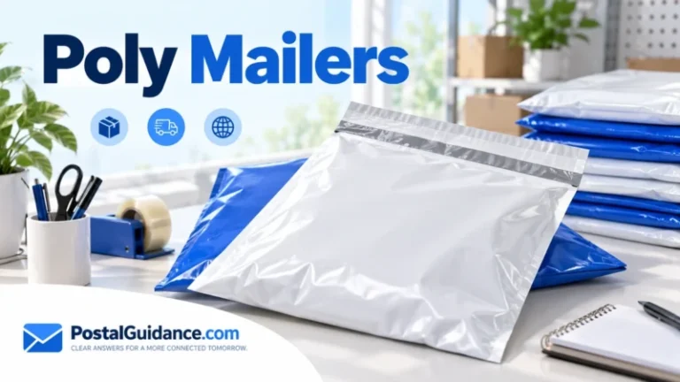 Poly Mailers headline beside blank white and blue plastic shipping envelopes.