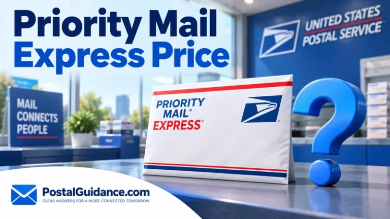 Priority Mail Express envelope beside a blue question mark.