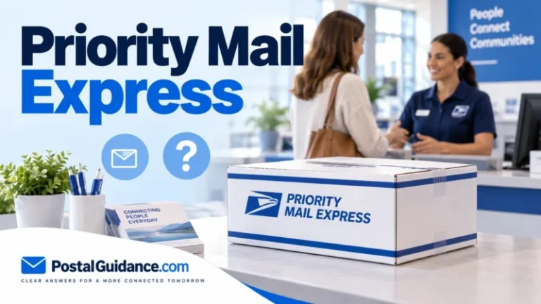 Priority Mail Express parcel at a postal counter with a customer and worker.