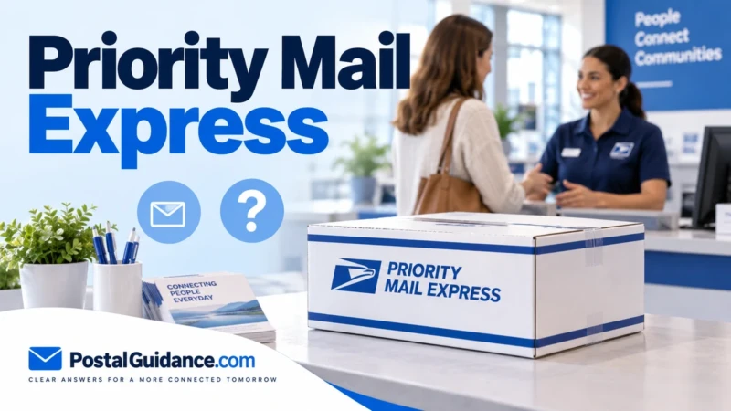 Priority Mail Express parcel at a postal counter with a customer and worker.