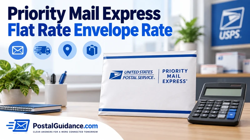 Priority Mail Express envelope beside a calculator with a blank display. Headline: Priority Mail Express Flat Rate Envelope Rate