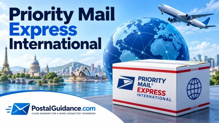 Priority Mail Express International parcel with a globe and airplane.