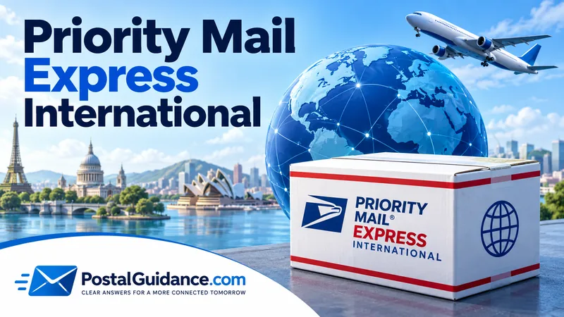 Priority Mail Express International parcel with a globe and airplane.