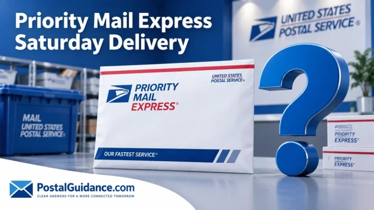 Priority Mail Express envelope beside a blue question mark.