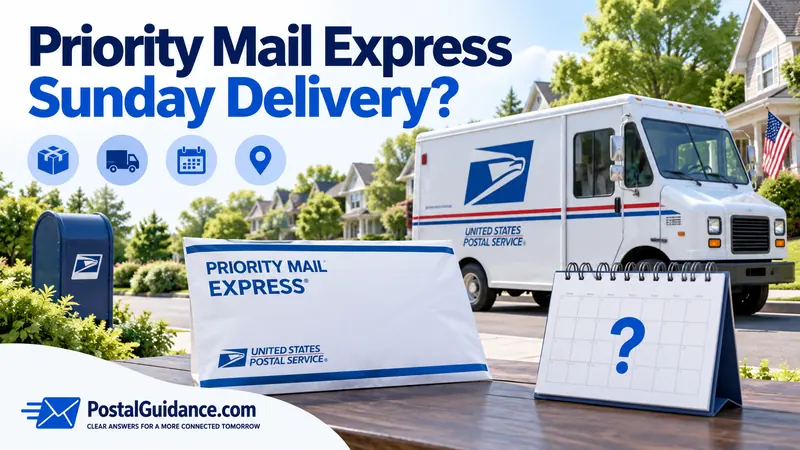 USPS truck, Priority Mail Express envelope and question-mark calendar. Headline: Priority Mail Express Sunday Delivery?