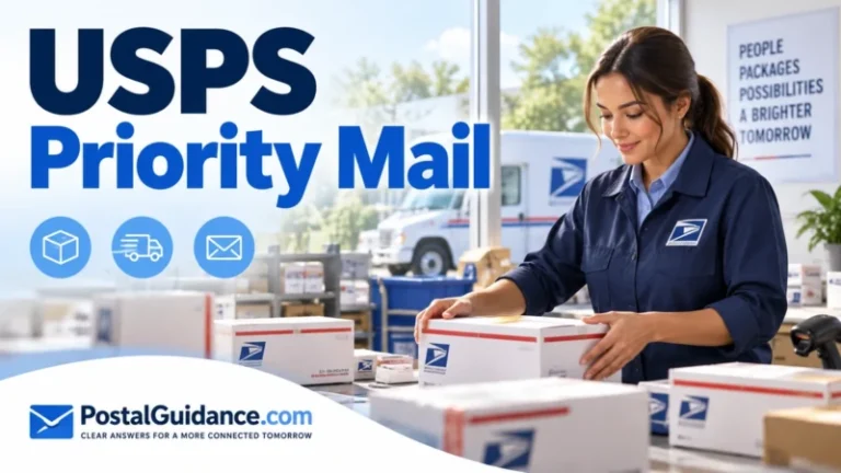 Postal worker handling parcels at a sunlit sorting desk for USPS Priority Mail.