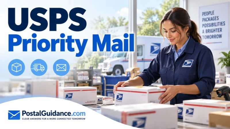 Postal worker handling parcels at a sunlit sorting desk for USPS Priority Mail.