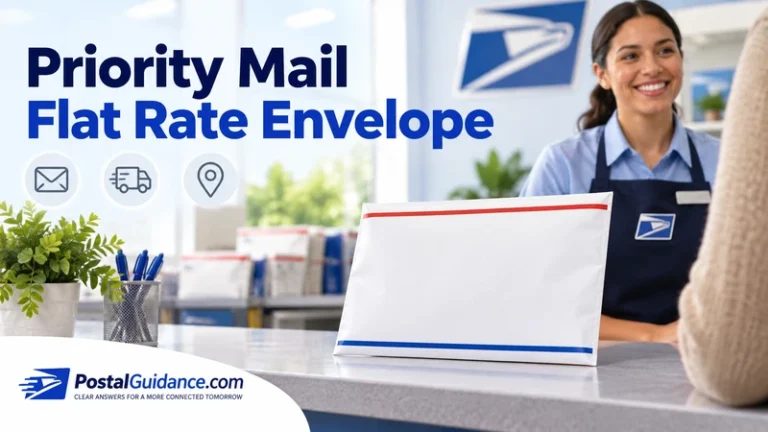 Illustrated mailing envelope at a postal counter beneath the heading Priority Mail Flat Rate Envelope.