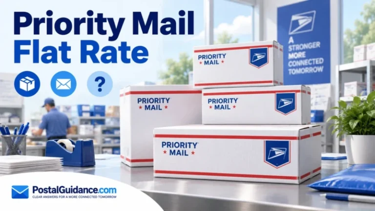 Priority Mail Flat Rate headline beside white shipping boxes with red and blue accents.