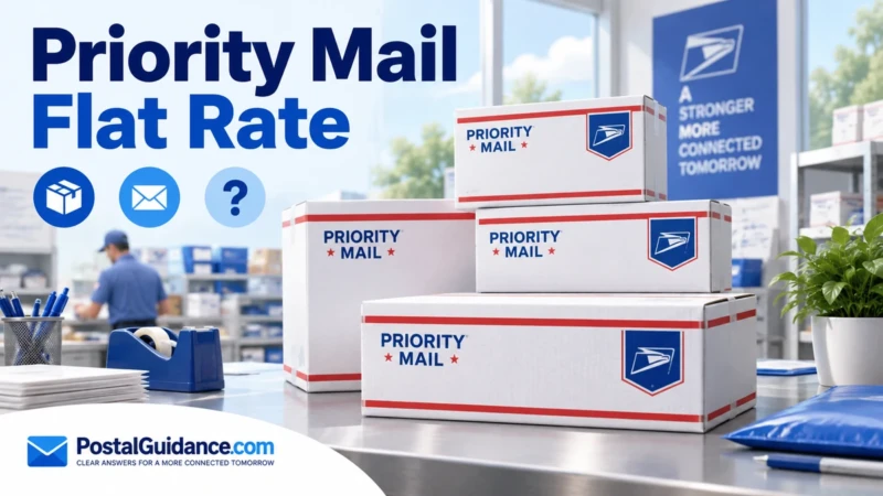 Priority Mail Flat Rate headline beside white shipping boxes with red and blue accents.