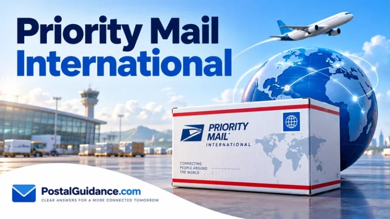Priority Mail International parcel beside a globe and airplane.