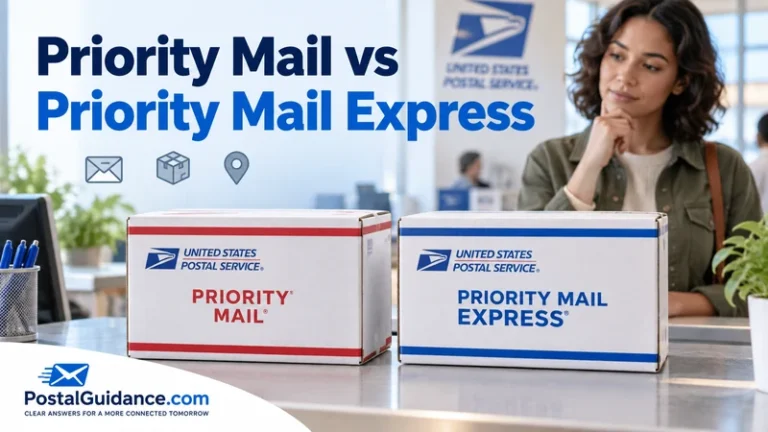 Priority Mail and Priority Mail Express packages side by side beneath a comparison heading.