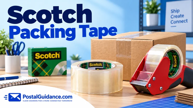 Scotch packing tape and dispenser beside a cardboard shipping box.
