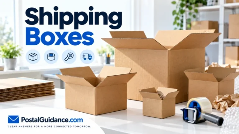 Shipping Boxes headline beside plain corrugated cardboard boxes on a bright packing table.