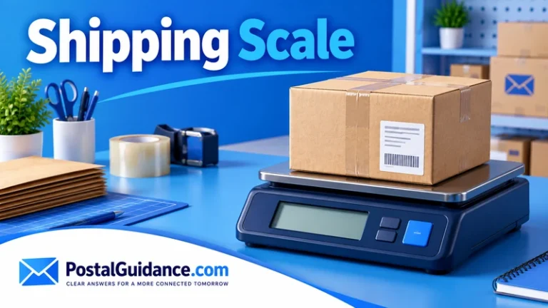 Shipping scale with a blank display and cardboard parcel.