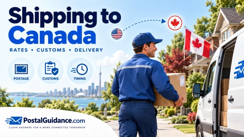 Shipping to Canada illustration with a postal worker, parcel, delivery van, and Canadian flag.