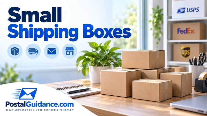 Small cardboard shipping boxes on a packing desk. Headline: Small Shipping Boxes