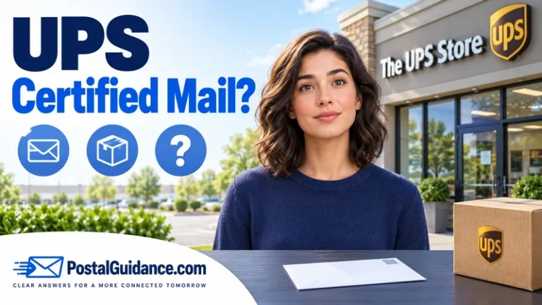 Customer outside The UPS Store with a plain envelope. Headline: UPS Certified Mail?