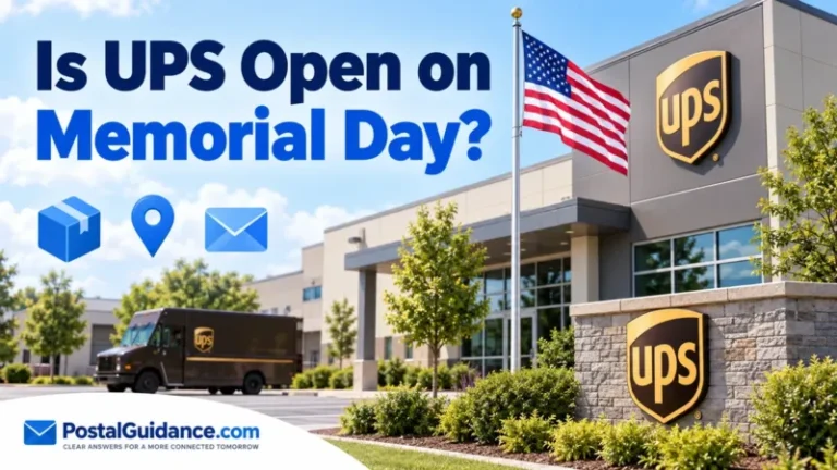 American flag beside a UPS facility beneath the question Is UPS Open on Memorial Day.
