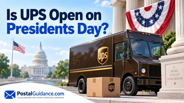 UPS truck and parcel beside patriotic bunting and civic columns for Presidents Day.