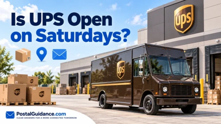 Brown UPS truck and cardboard parcels outside a depot beneath the question Is UPS Open on Saturdays.