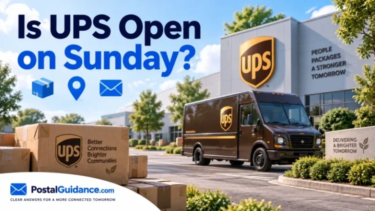UPS facility, brown van and parcels beneath the question Is UPS Open on Sunday.