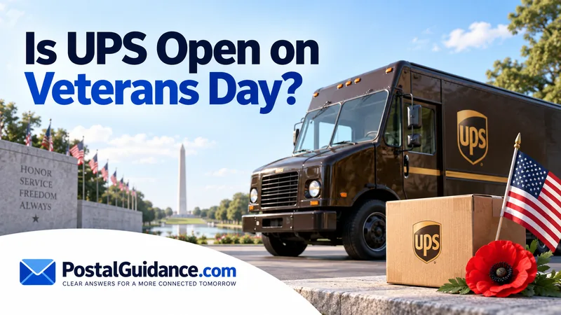 UPS truck and parcel with an American flag and red poppy for Veterans Day.