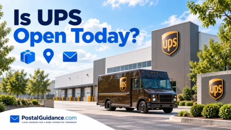 UPS parcel facility and brown truck beneath the question Is UPS Open Today.