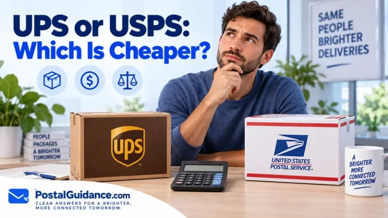 Customer considering UPS and USPS parcels beside a blank calculator. Headline: UPS or USPS: Which Is Cheaper?