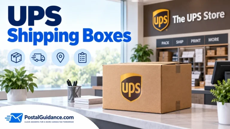 UPS-branded shipping box on a counter. Headline: UPS Shipping Boxes