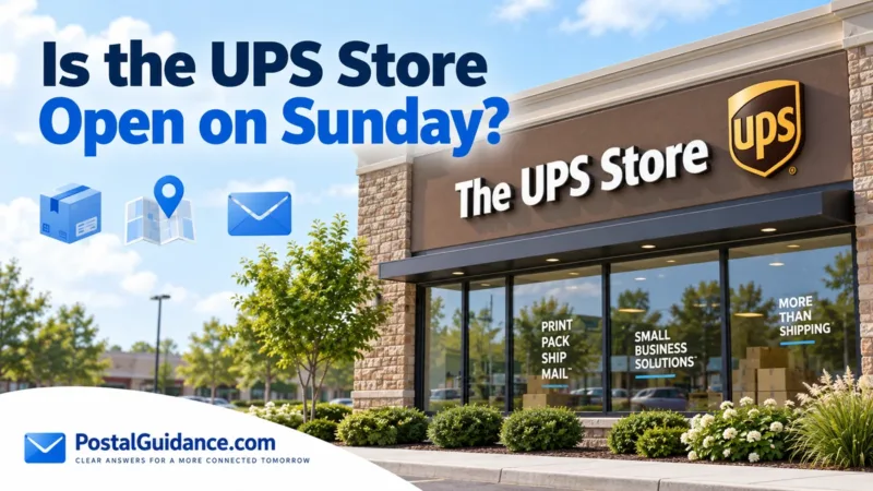 The UPS Store storefront with parcel, map and envelope icons beneath the question Is the UPS Store Open on Sunday.