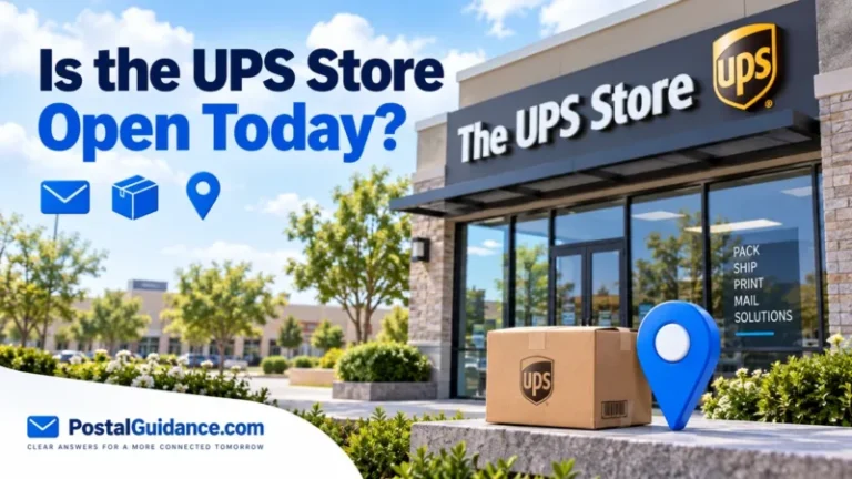 The UPS Store storefront with a parcel and blue map pin beneath the question Is the UPS Store Open Today.