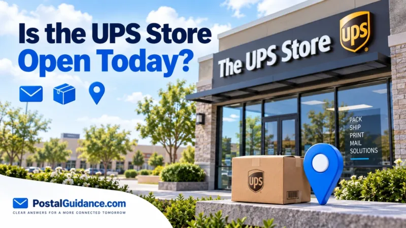 The UPS Store storefront with a parcel and blue map pin beneath the question Is the UPS Store Open Today.