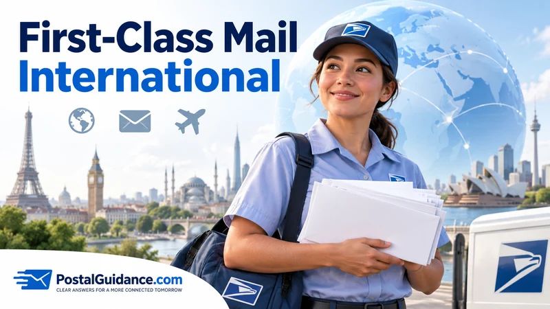 Postal worker holding envelopes with a globe and international landmarks beneath the heading First-Class Mail International.