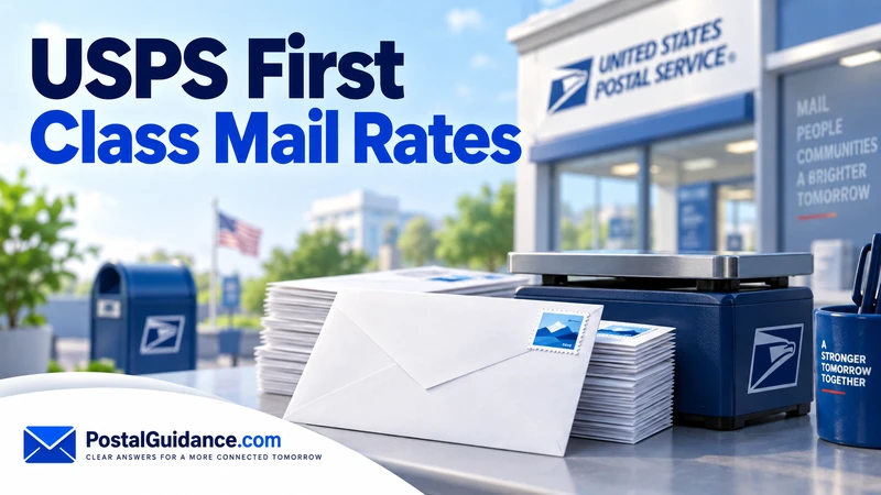 Envelopes and blue postal scale outside a USPS post office.