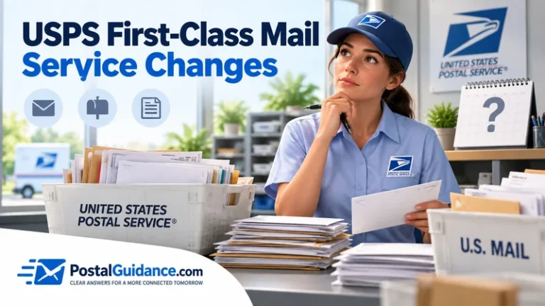 Postal worker beside mail trays and a question-mark calendar beneath the heading USPS First-Class Mail Service Changes.