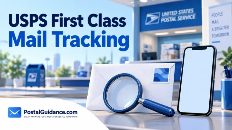 Envelope, magnifying glass, and blank-screen phone at a USPS counter.