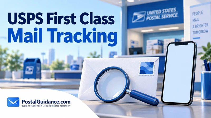 Envelope, magnifying glass, and blank-screen phone at a USPS counter.