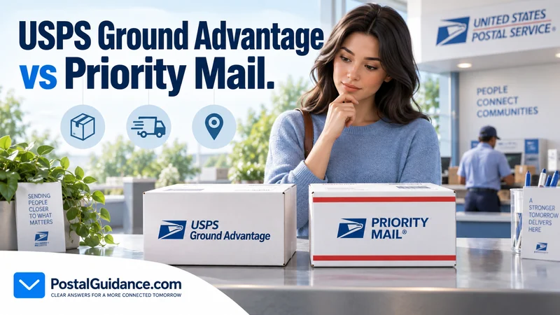 Customer considering USPS Ground Advantage and Priority Mail parcels at a postal counter. Headline: USPS Ground Advantage vs Priority Mail