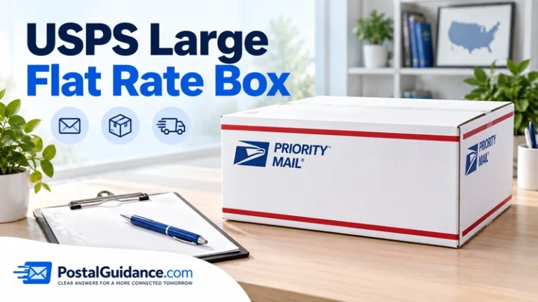 Large white mailing box with red and blue accents beneath the heading USPS Large Flat Rate Box.