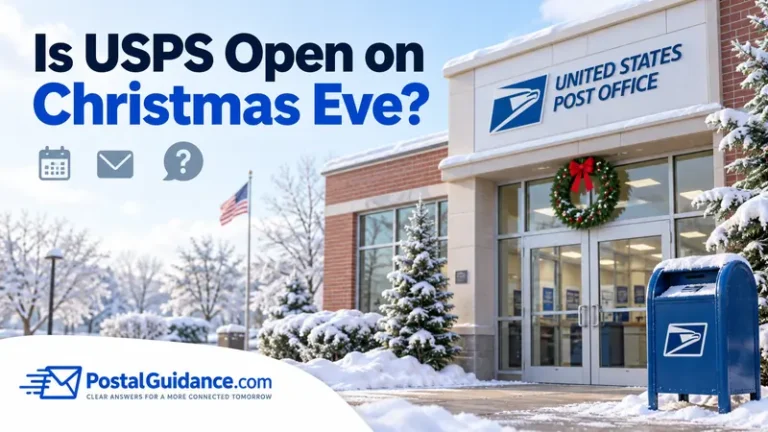 Snowy USPS post office decorated with a wreath beneath the question Is USPS Open on Christmas Eve?